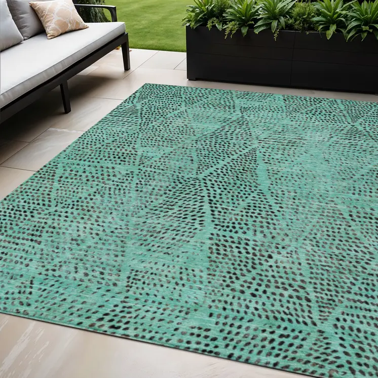 5' X 8' Teal Blue And Charcoal Geometric Washable Indoor Outdoor Area Rug