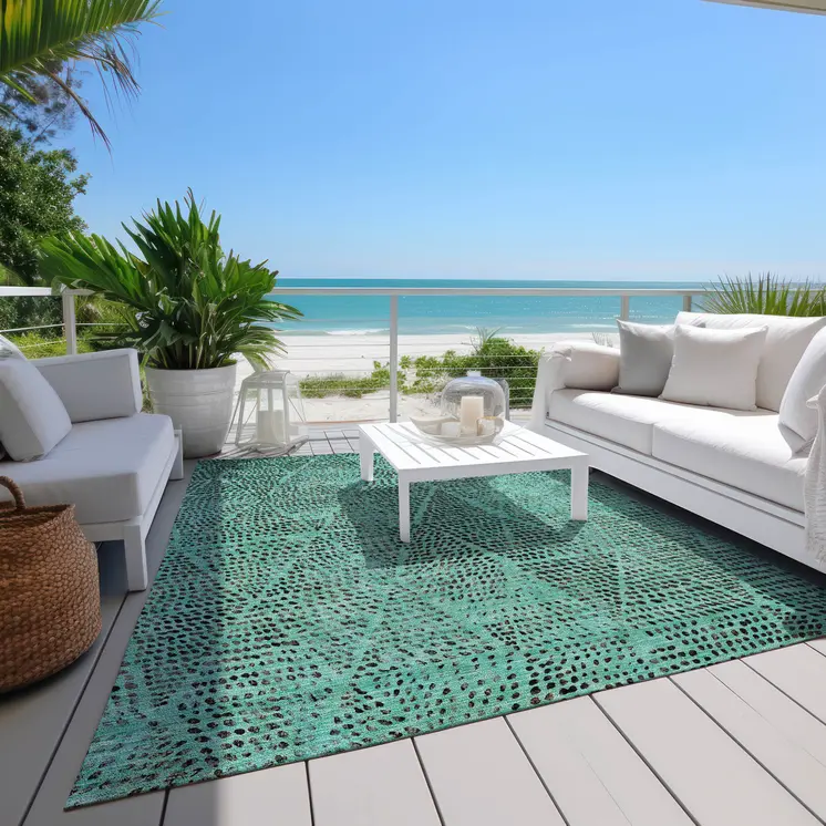 5' X 8' Teal Blue And Charcoal Geometric Washable Indoor Outdoor Area Rug