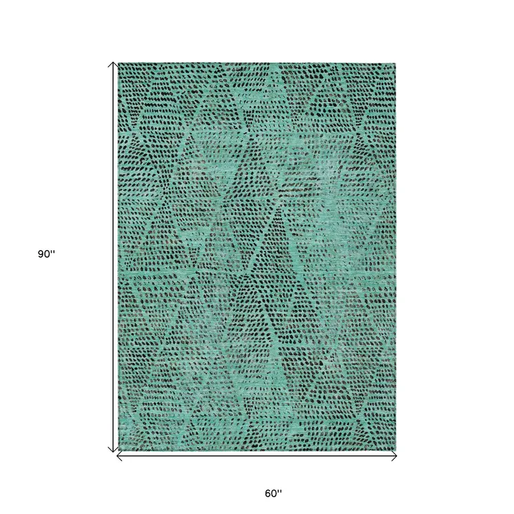 5' X 8' Teal Blue And Charcoal Geometric Washable Indoor Outdoor Area Rug
