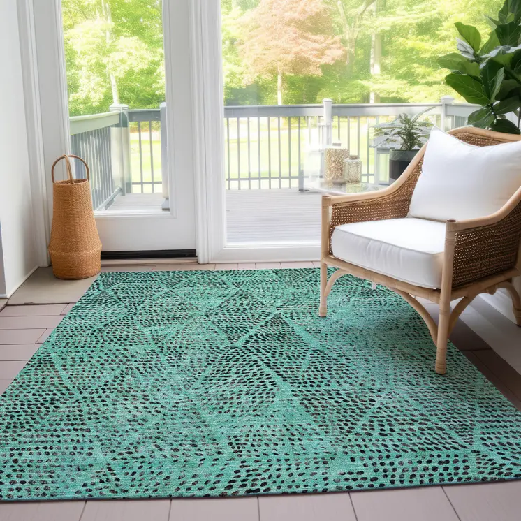 5' X 8' Teal Blue And Charcoal Geometric Washable Indoor Outdoor Area Rug