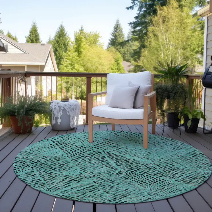 8' Teal Blue And Charcoal Round Geometric Washable Indoor Outdoor Area Rug