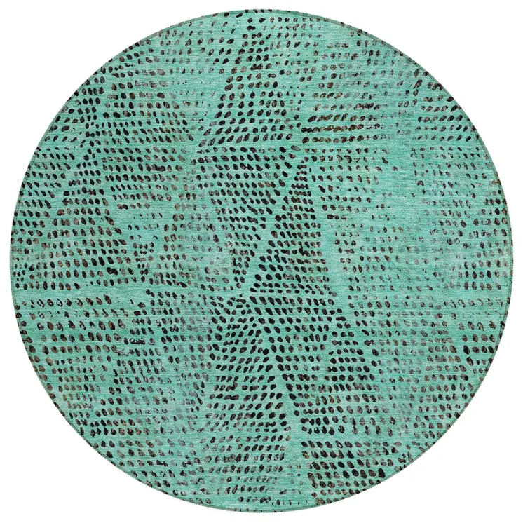 8' Teal Blue And Charcoal Round Geometric Washable Indoor Outdoor Area Rug