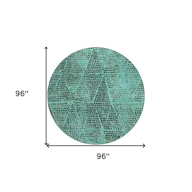 8' Teal Blue And Charcoal Round Geometric Washable Indoor Outdoor Area Rug