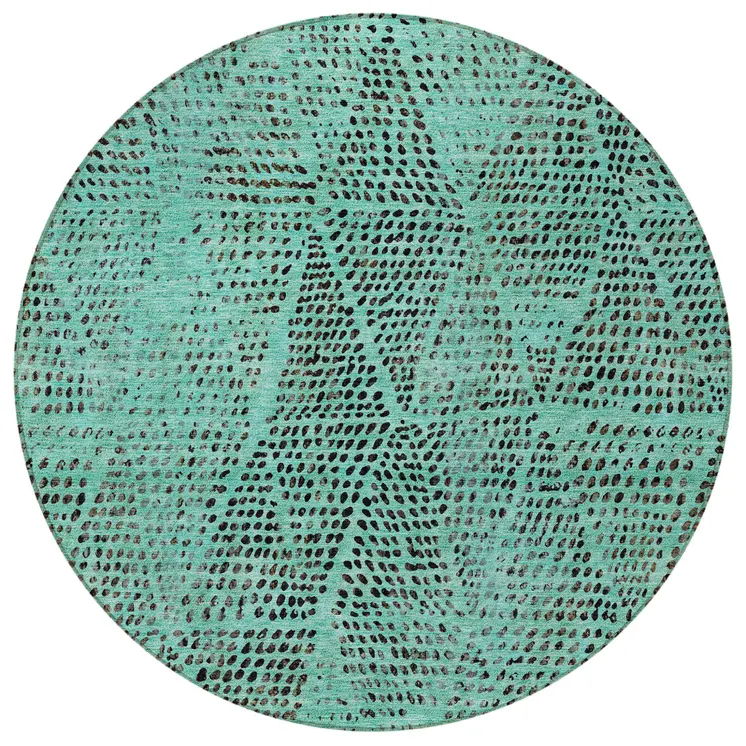 8' Teal Blue And Charcoal Round Geometric Washable Indoor Outdoor Area Rug