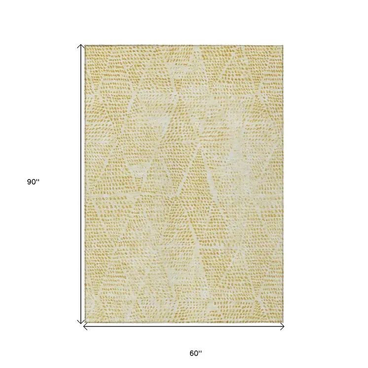 5' X 8' Wheat Gold And Ivory Geometric Washable Indoor Outdoor Area Rug