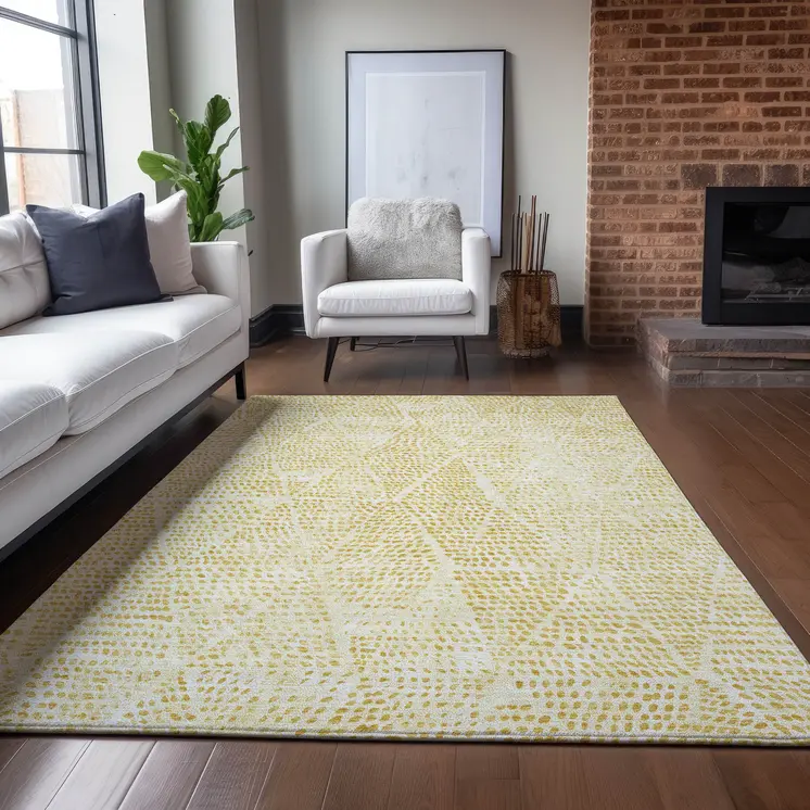 5' X 8' Wheat Gold And Ivory Geometric Washable Indoor Outdoor Area Rug