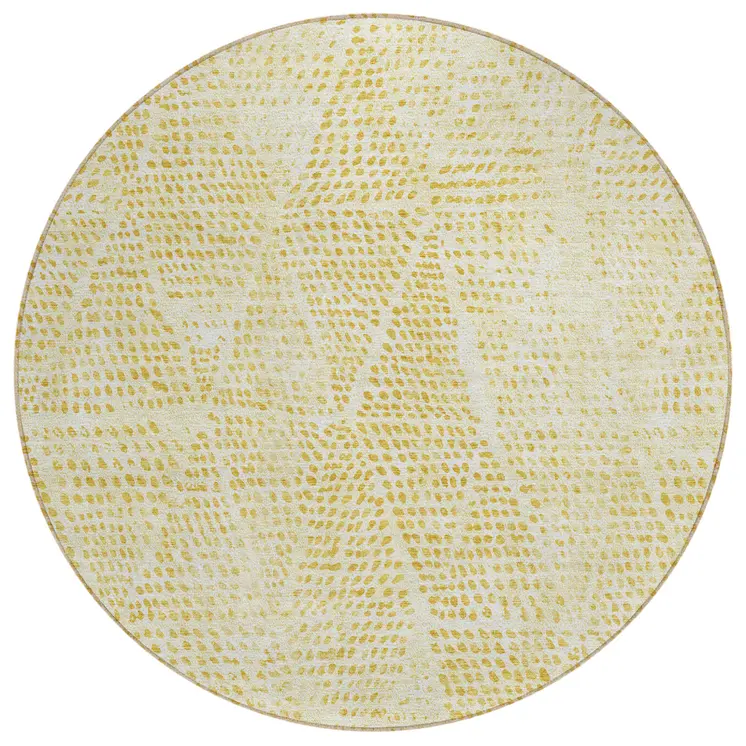 8' Wheat Gold And Ivory Round Geometric Washable Indoor Outdoor Area Rug