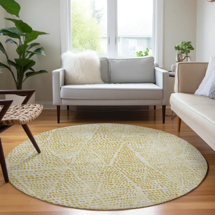 8' Wheat Gold And Ivory Round Geometric Washable Indoor Outdoor Area Rug