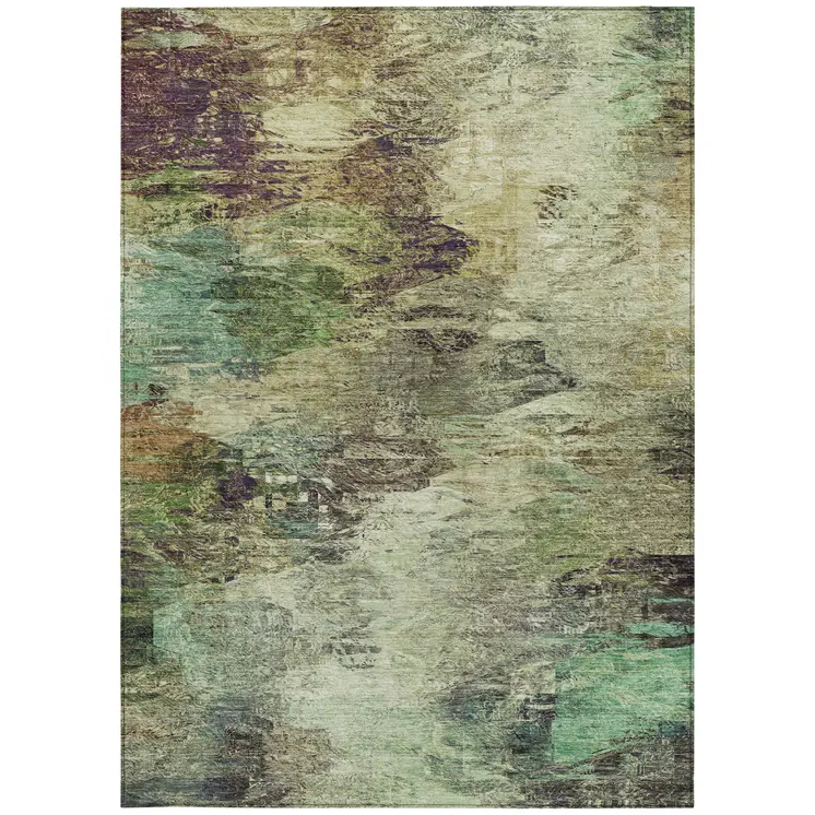 3' X 5' Beige Green And Artichoke Green Abstract Washable Indoor Outdoor Area Rug