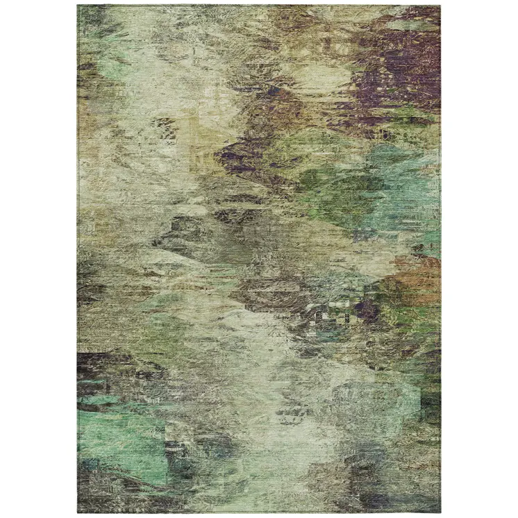 3' X 5' Beige Green And Artichoke Green Abstract Washable Indoor Outdoor Area Rug