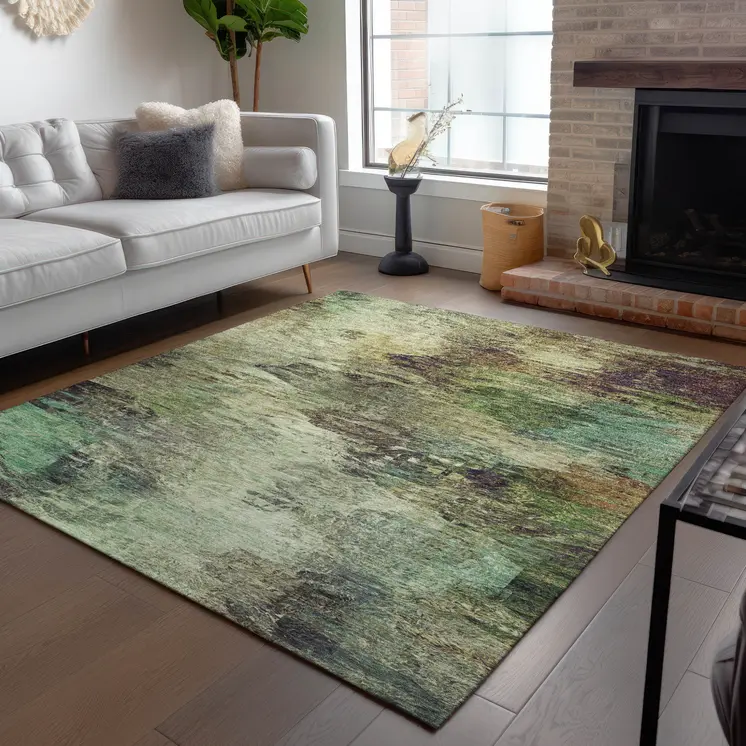 3' X 5' Beige Green And Artichoke Green Abstract Washable Indoor Outdoor Area Rug