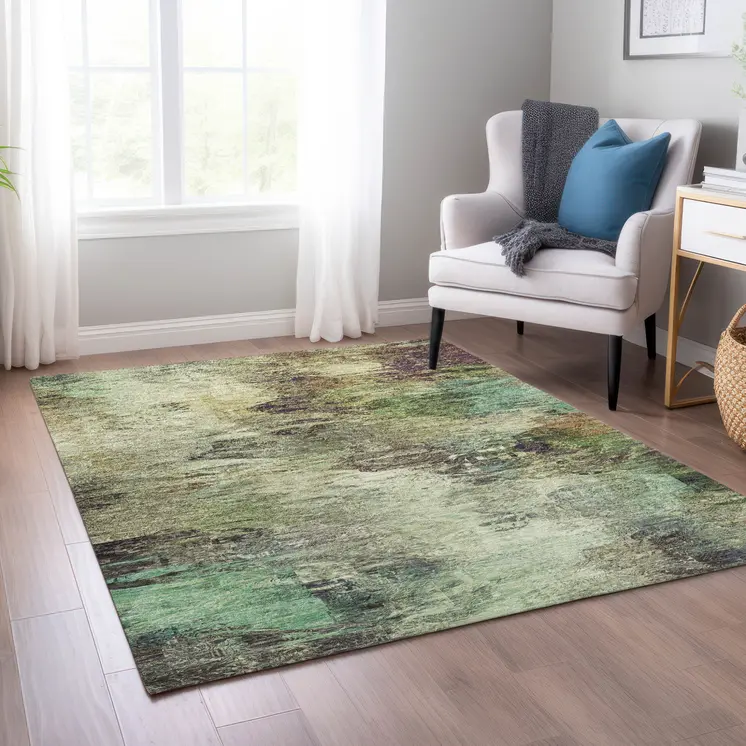 8' X 10' Beige Green And Artichoke Green Abstract Washable Indoor Outdoor Area Rug