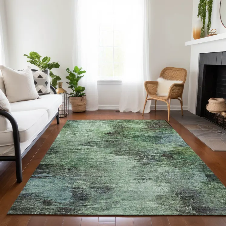 5' X 8' Green And Brown Abstract Washable Indoor Outdoor Area Rug