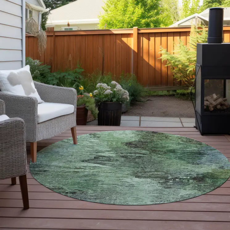 8' Green And Brown Round Abstract Washable Indoor Outdoor Area Rug