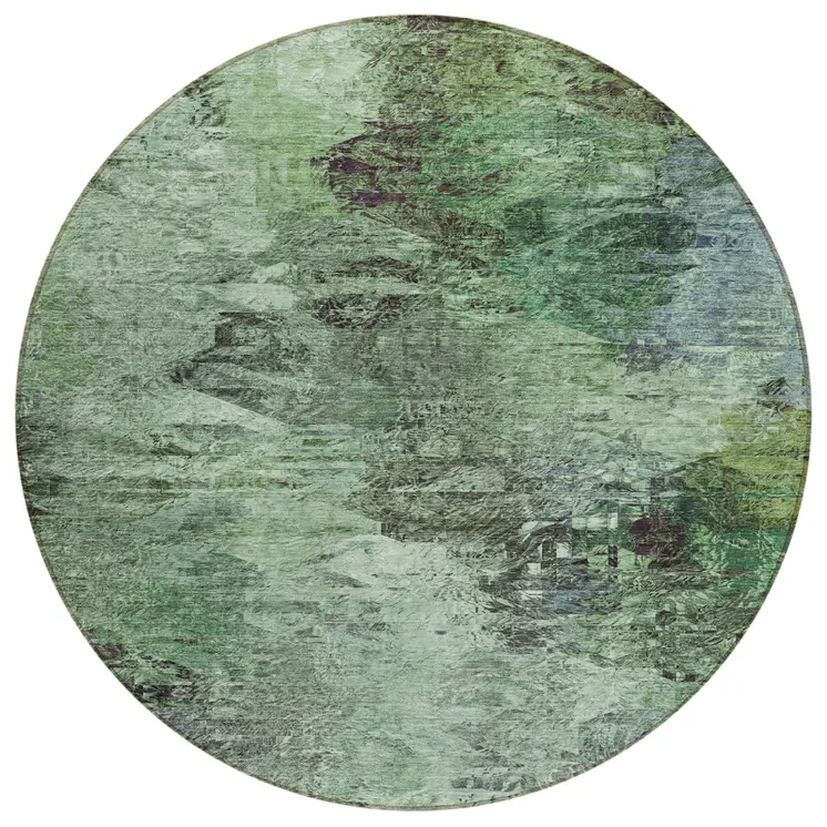 8' Green And Brown Round Abstract Washable Indoor Outdoor Area Rug
