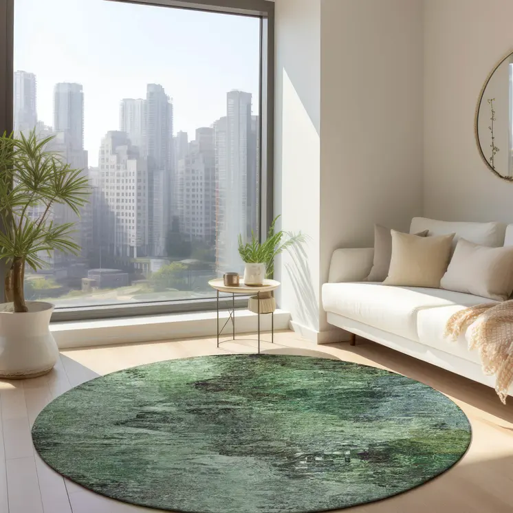 8' Green And Brown Round Abstract Washable Indoor Outdoor Area Rug
