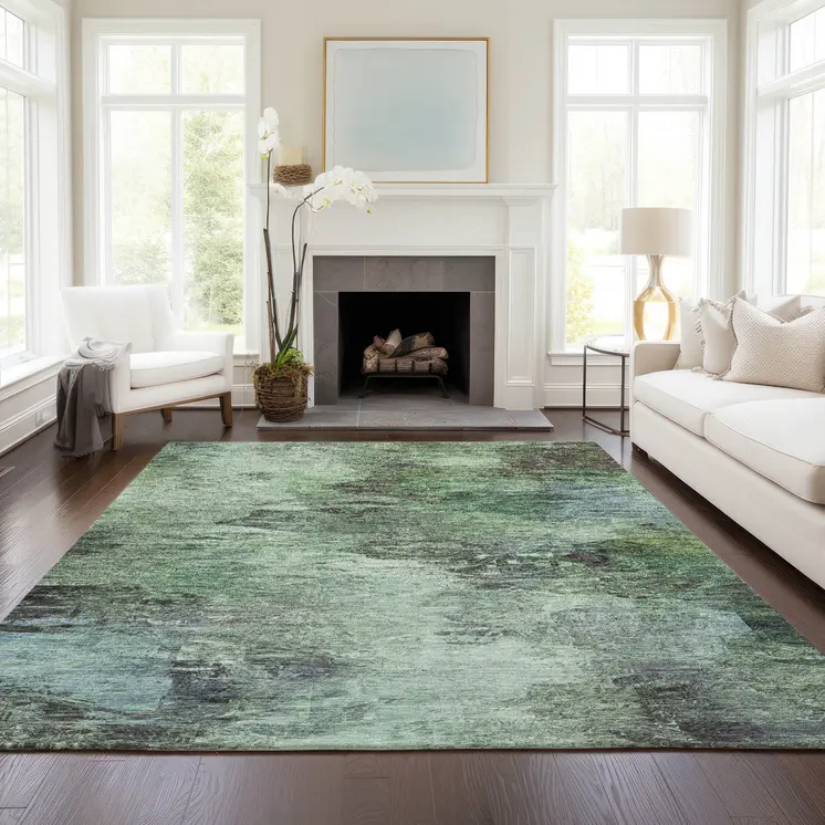 9' X 12' Green And Brown Abstract Washable Indoor Outdoor Area Rug