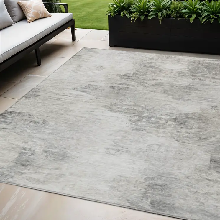 5' X 8' Silver Gray And Ivory Abstract Washable Indoor Outdoor Area Rug