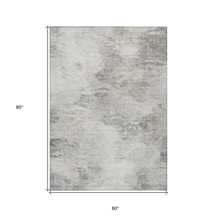 5' X 8' Silver Gray And Ivory Abstract Washable Indoor Outdoor Area Rug