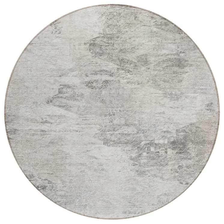 8' Silver Gray And Ivory Round Abstract Washable Indoor Outdoor Area Rug