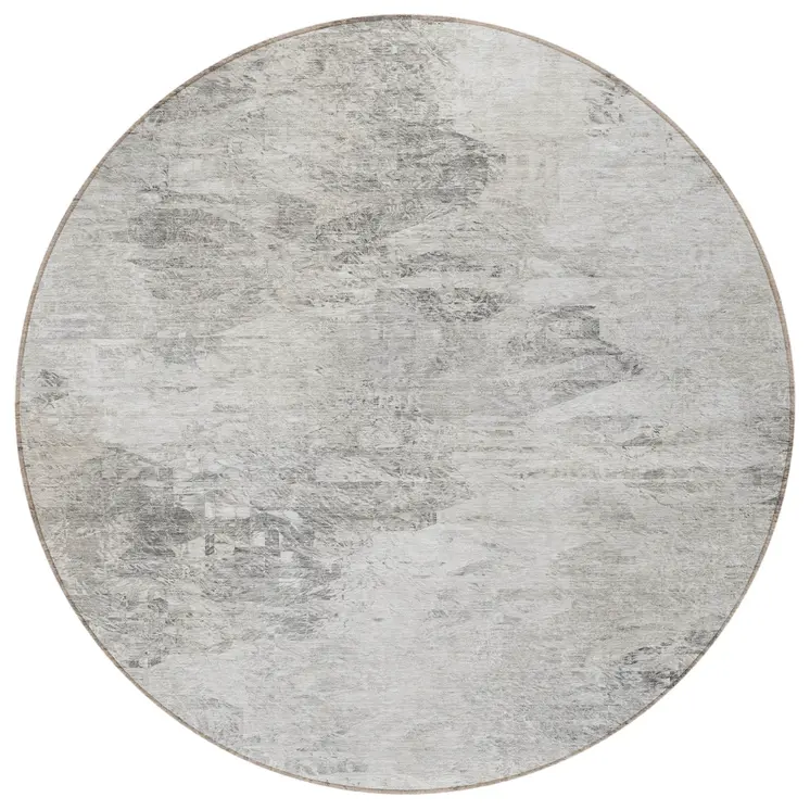 8' Silver Gray And Ivory Round Abstract Washable Indoor Outdoor Area Rug