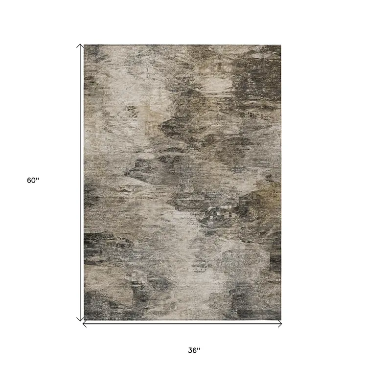 3' X 5' Taupe Beige And Brown Abstract Washable Indoor Outdoor Area Rug