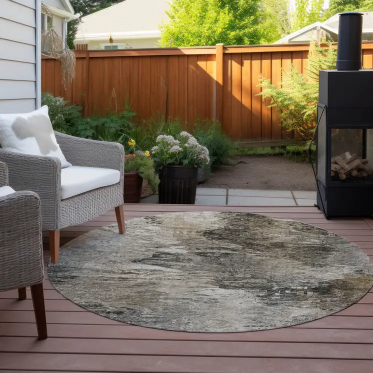 8' Taupe Beige And Brown Round Abstract Washable Indoor Outdoor Area Rug