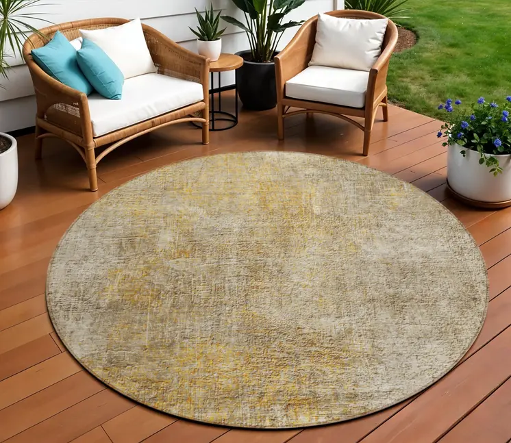 8' Beige Taupe And Ivory Round Abstract Washable Indoor Outdoor Area Rug