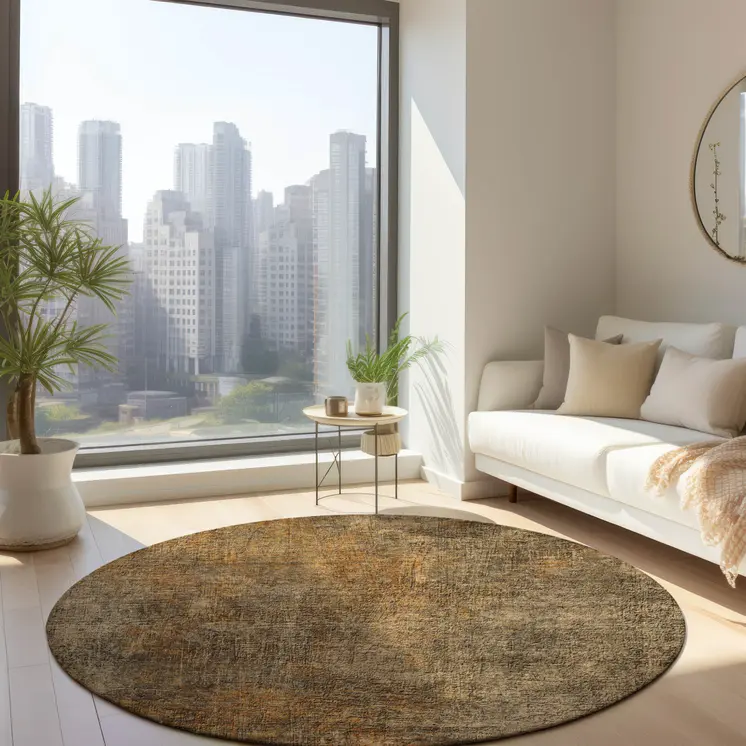 8' Brown Beige And Taupe Round Abstract Washable Indoor Outdoor Area Rug