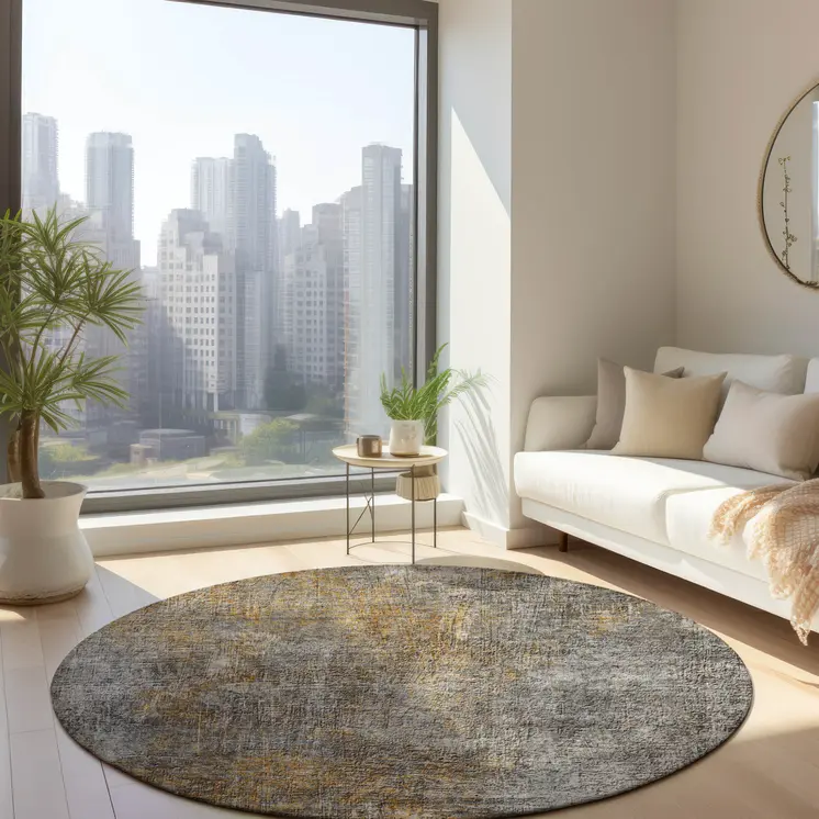 8' Gray Silver And Charcoal Round Abstract Washable Indoor Outdoor Area Rug