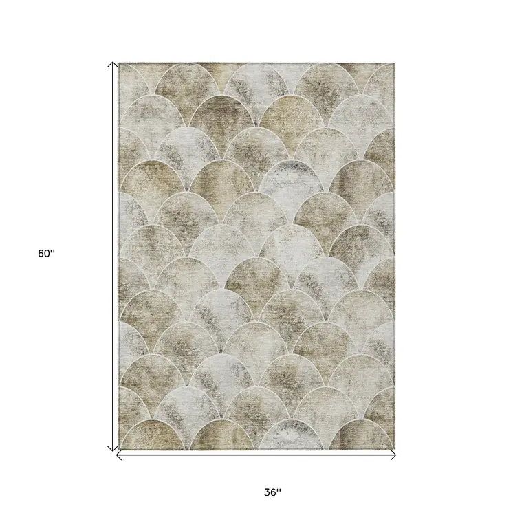 3' X 5' Beige Ivory And Tan Abstract Washable Indoor Outdoor Area Rug