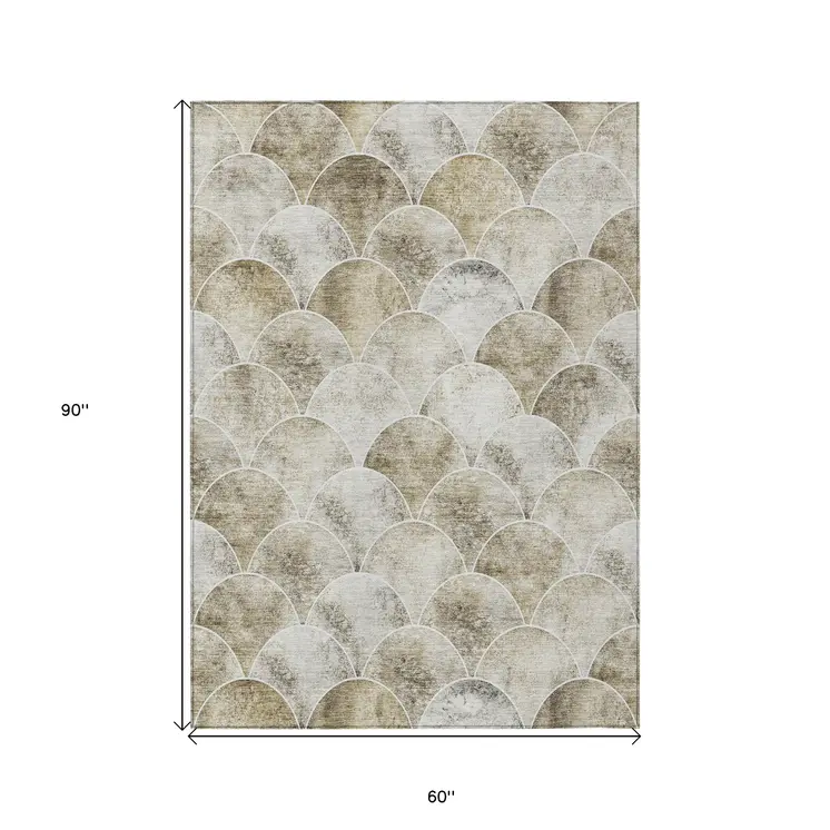 5' X 8' Beige Ivory And Tan Abstract Washable Indoor Outdoor Area Rug