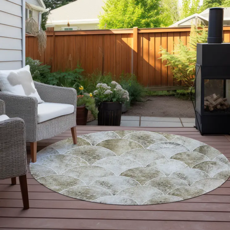 8' Beige Ivory And Tan Round Abstract Washable Indoor Outdoor Area Rug
