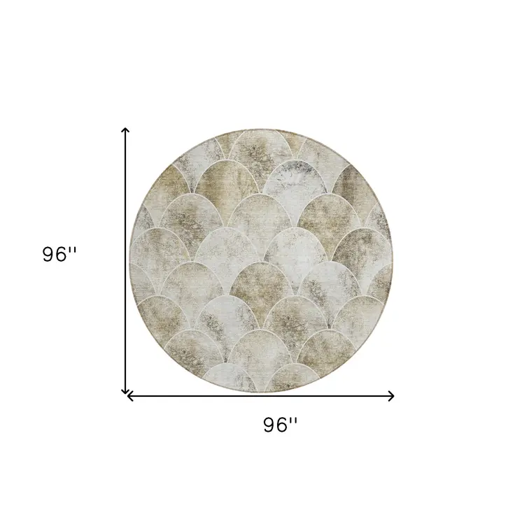 8' Beige Ivory And Tan Round Abstract Washable Indoor Outdoor Area Rug