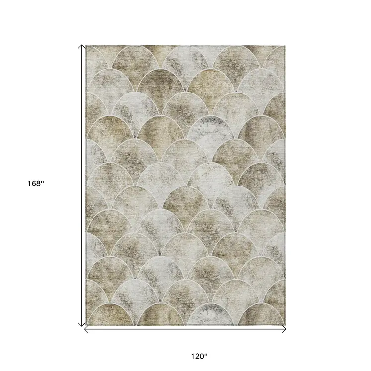 10' X 14' Beige Ivory And Tan Abstract Washable Indoor Outdoor Area Rug