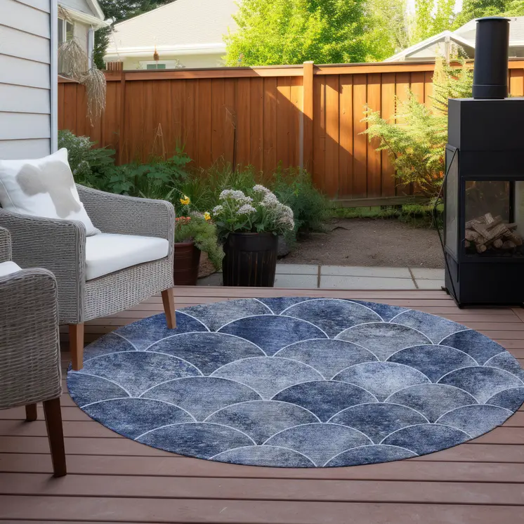 8' Denim Blue And Gray Round Abstract Washable Indoor Outdoor Area Rug