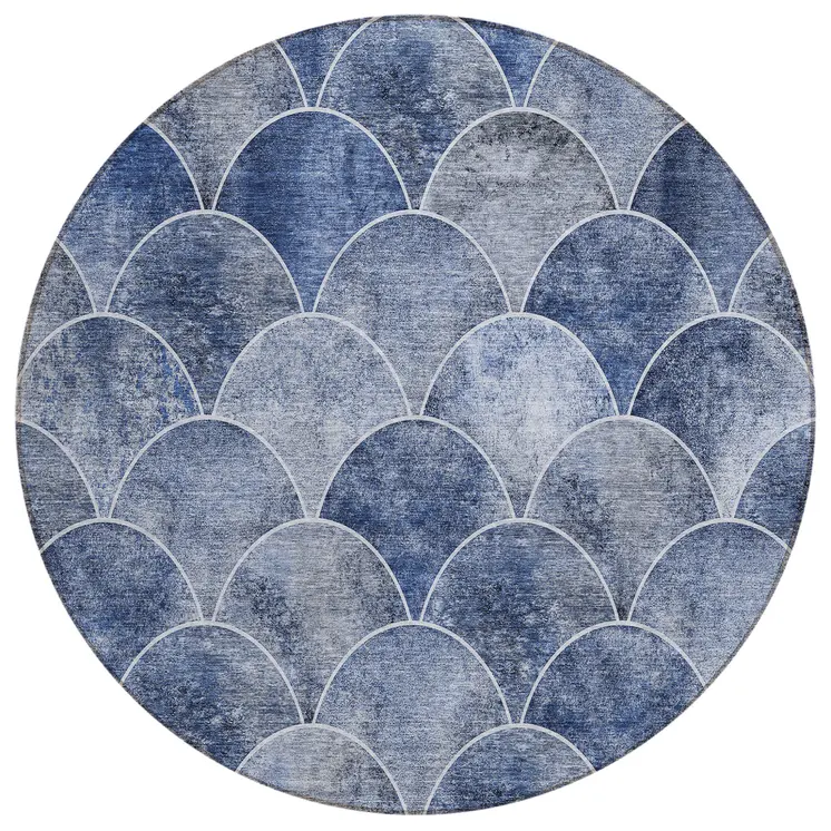 8' Denim Blue And Gray Round Abstract Washable Indoor Outdoor Area Rug