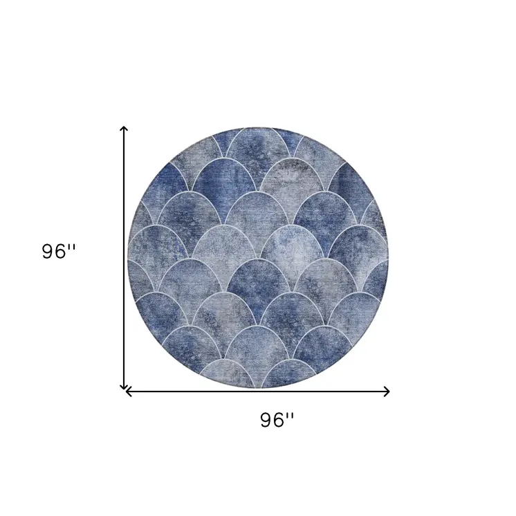 8' Denim Blue And Gray Round Abstract Washable Indoor Outdoor Area Rug