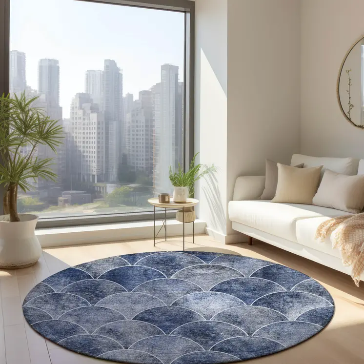8' Denim Blue And Gray Round Abstract Washable Indoor Outdoor Area Rug