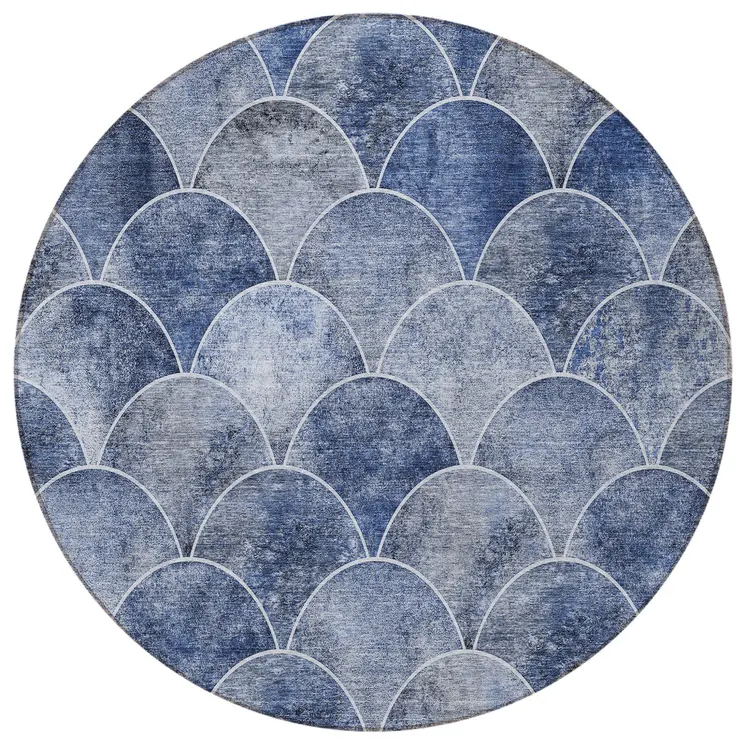 8' Denim Blue And Gray Round Abstract Washable Indoor Outdoor Area Rug