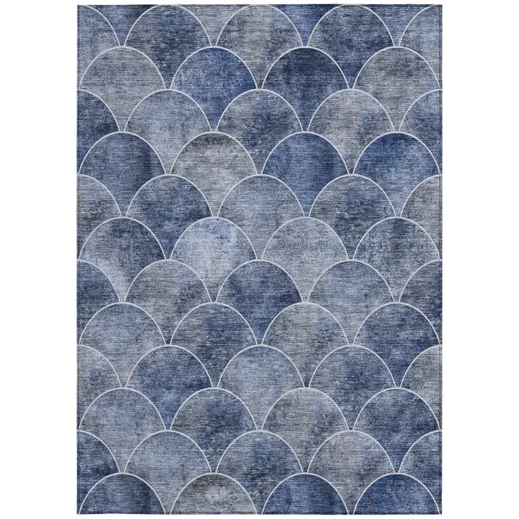 9' X 12' Denim Blue And Gray Abstract Washable Indoor Outdoor Area Rug