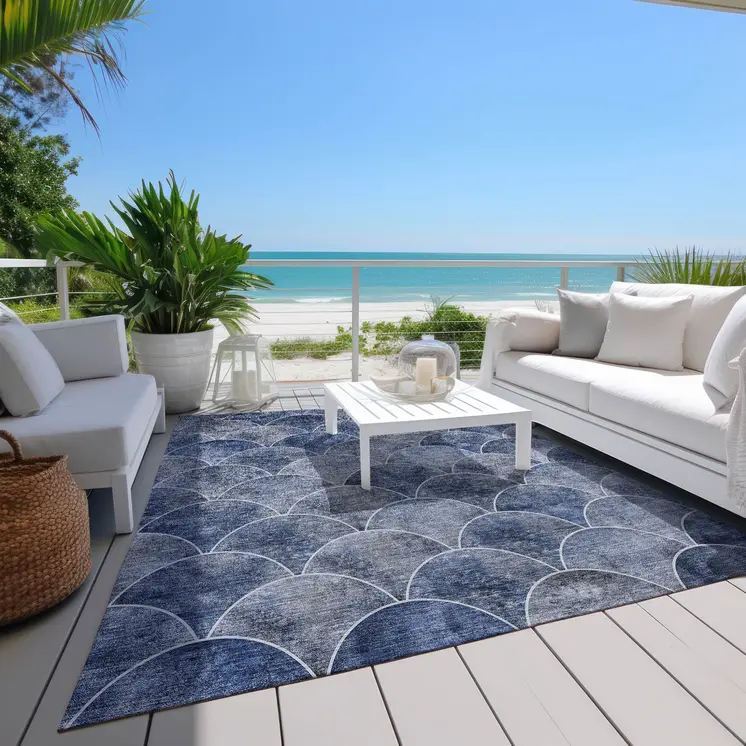 9' X 12' Denim Blue And Gray Abstract Washable Indoor Outdoor Area Rug