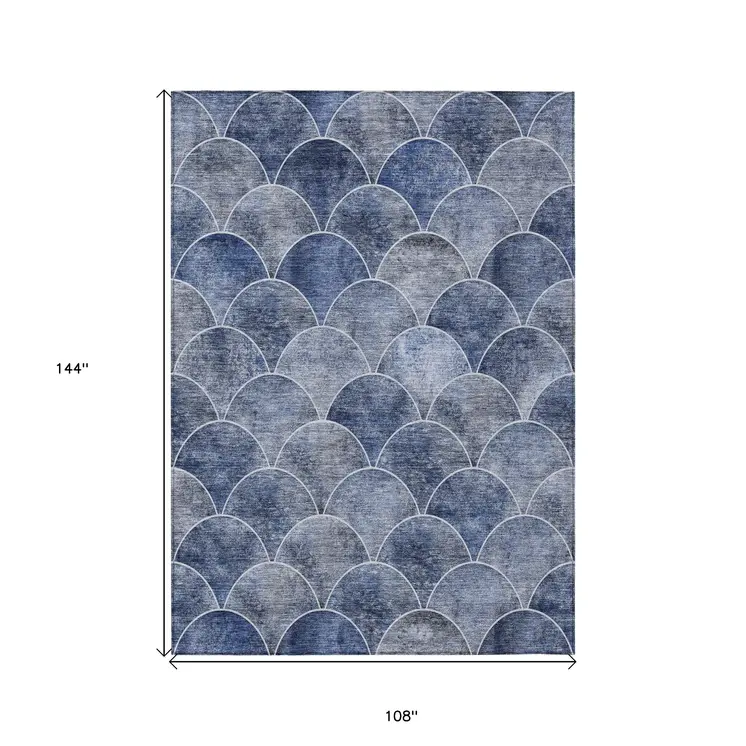 9' X 12' Denim Blue And Gray Abstract Washable Indoor Outdoor Area Rug