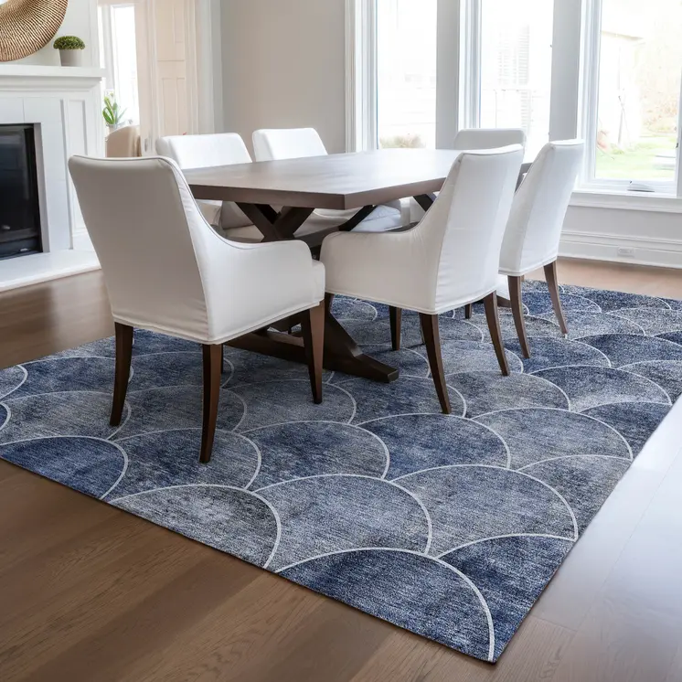 9' X 12' Denim Blue And Gray Abstract Washable Indoor Outdoor Area Rug