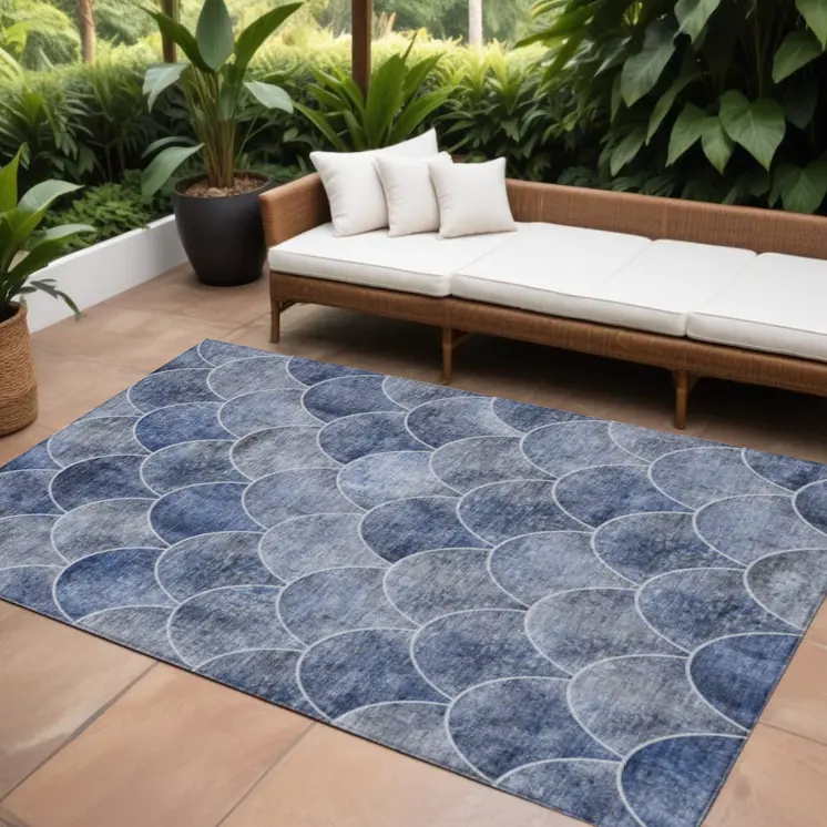 10' X 14' Denim Blue And Gray Abstract Washable Indoor Outdoor Area Rug