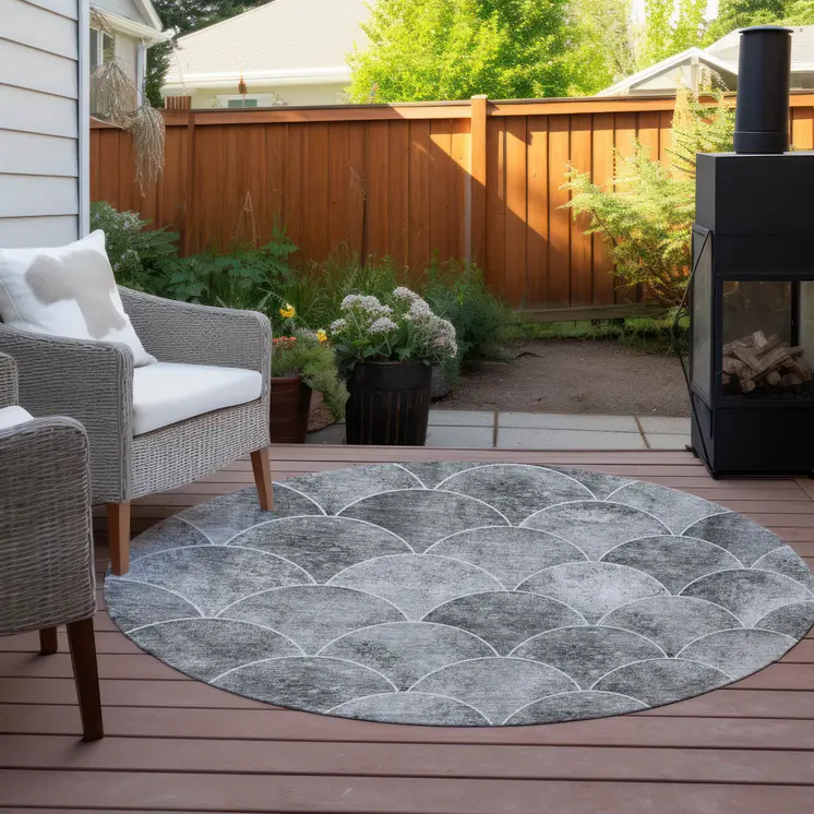 8' Gray Charcoal And Ivory Round Abstract Washable Indoor Outdoor Area Rug