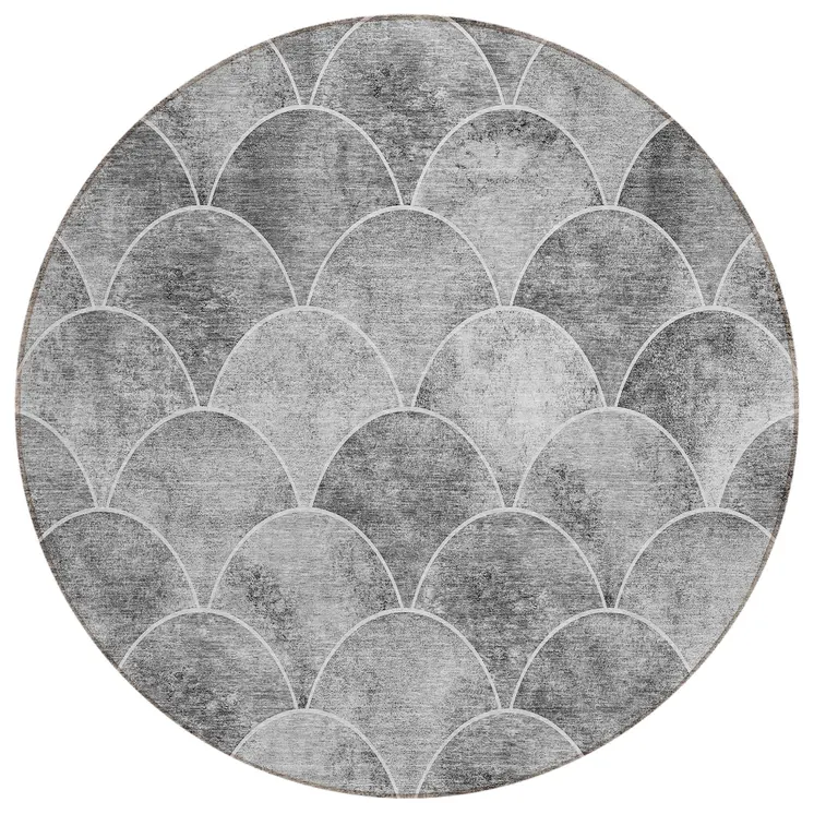 8' Gray Charcoal And Ivory Round Abstract Washable Indoor Outdoor Area Rug