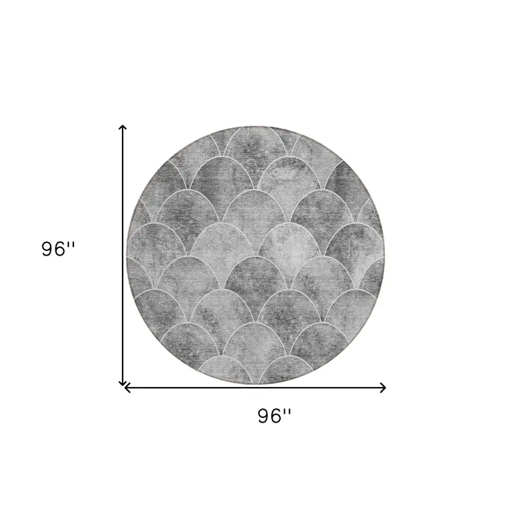 8' Gray Charcoal And Ivory Round Abstract Washable Indoor Outdoor Area Rug