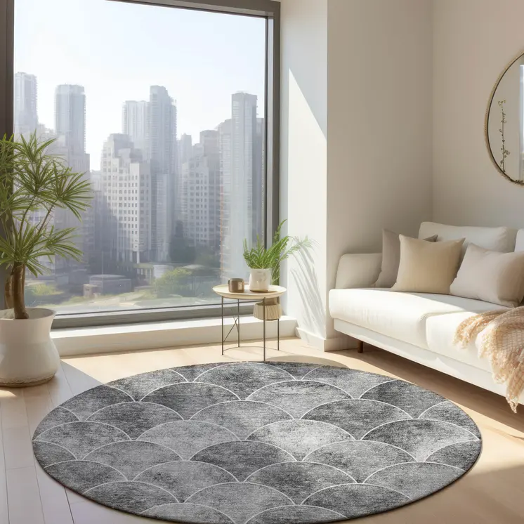 8' Gray Charcoal And Ivory Round Abstract Washable Indoor Outdoor Area Rug