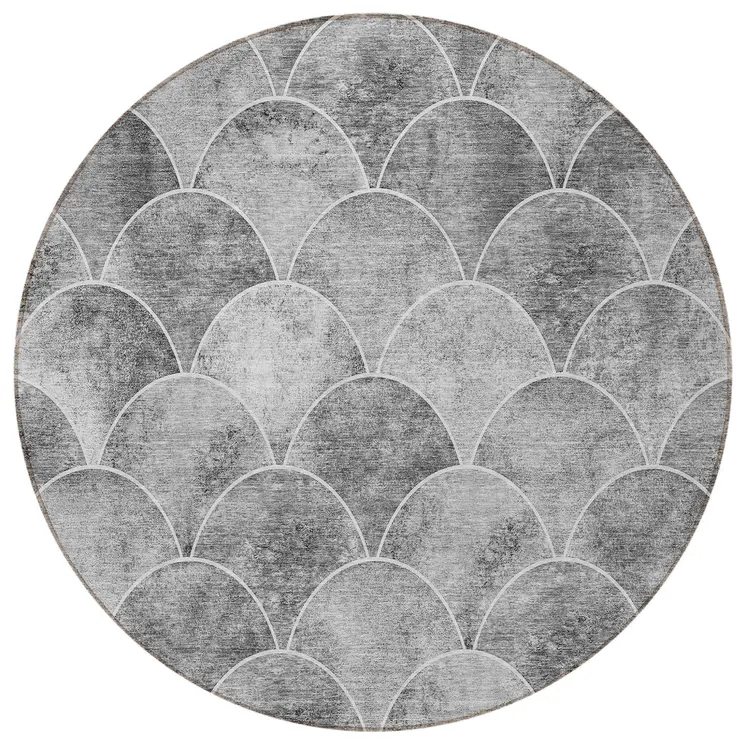 8' Gray Charcoal And Ivory Round Abstract Washable Indoor Outdoor Area Rug